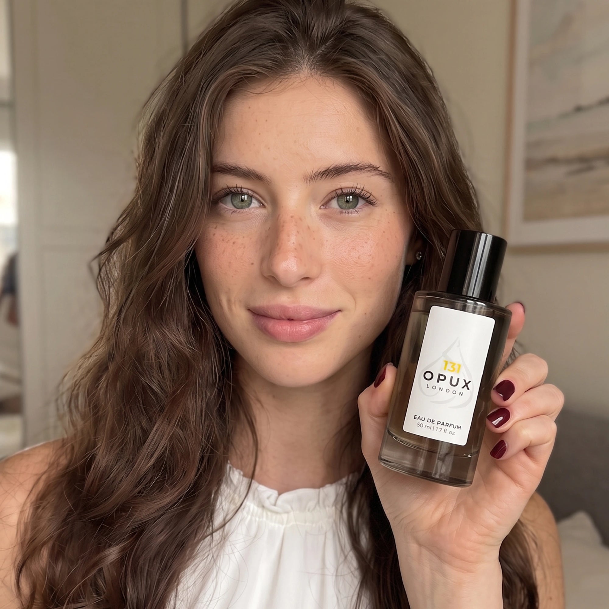 Female customer holding an OPUX perfume bottle